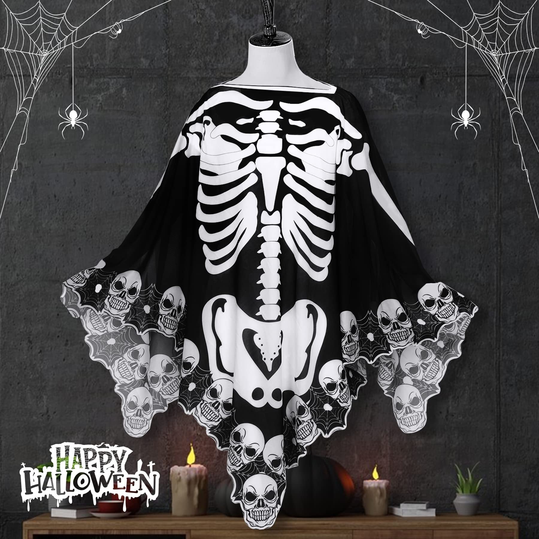 Halloween Lace Poncho Plus Size Halloween Skeleton Cape Day Of The Dead Costumes For Women 59 Inches X 59 Inches -Selling On Amazon Is Prohibited