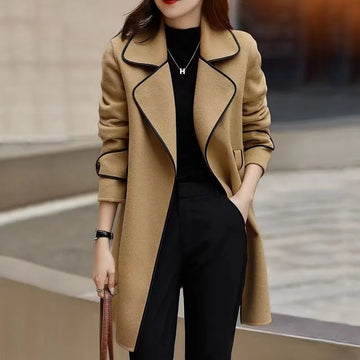 Western Style Contrast Color Mid-length Woolen Coat
