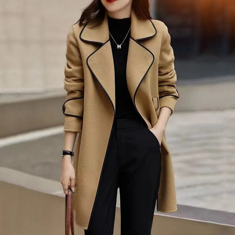 Western Style Contrast Color Mid-length Woolen Coat
